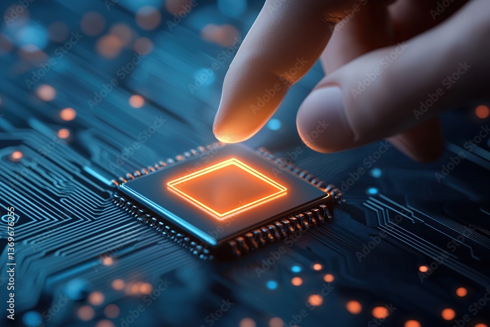 Poster a hand interacting with a glowing microchip on a circuit board, symbolizing technology and innovatio