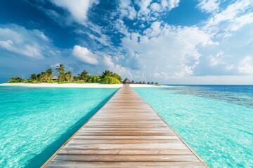 Fototapeta premium Panoramic Paradise: Tropical Island with Turquoise Waters and Luxury Resort at Sunrise, Maldives