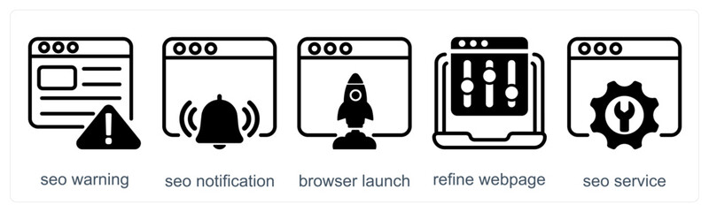 A set of 5 business icons as seo warning, seo notification, browser launch