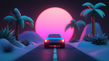 Pixel Art Retro Car on a Road at Sunset