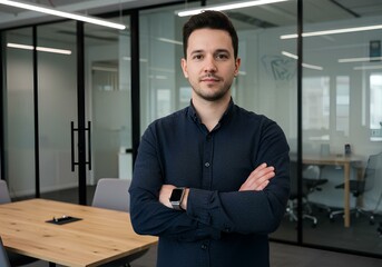 A confident young entrepreneur standing with arms crossed in a modern glass-walled office setting