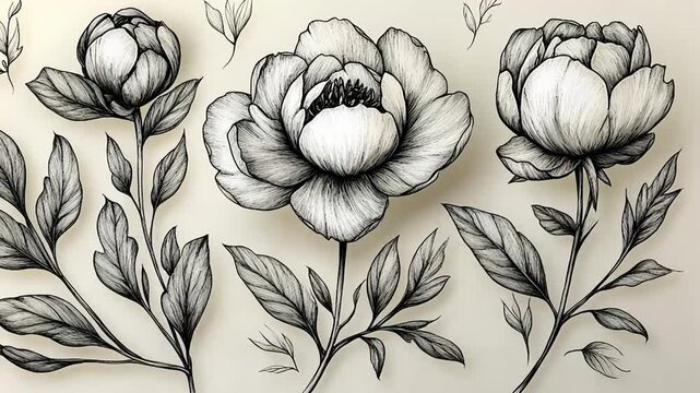 Elegant black and white floral illustrations.  Detailed line art of peonies and leaves