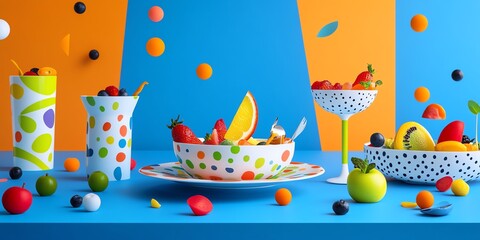 Colorful fruit salad in polka dot bowls and glasses.  Vibrant, playful, and perfect for summer.