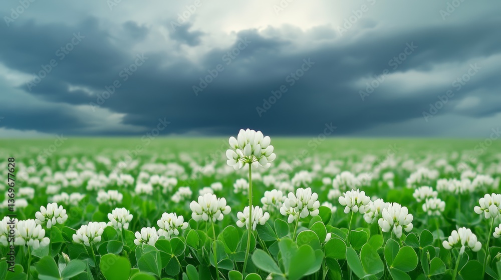 Poster a serene field of soft white clover standing resilient against an approaching storm with moody dark 