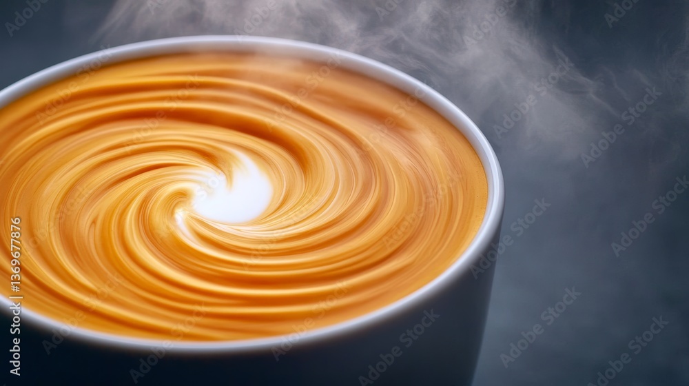 Poster a steaming cup of coffee with milk being poured in slow motion creating a mesmerizing swirl effect