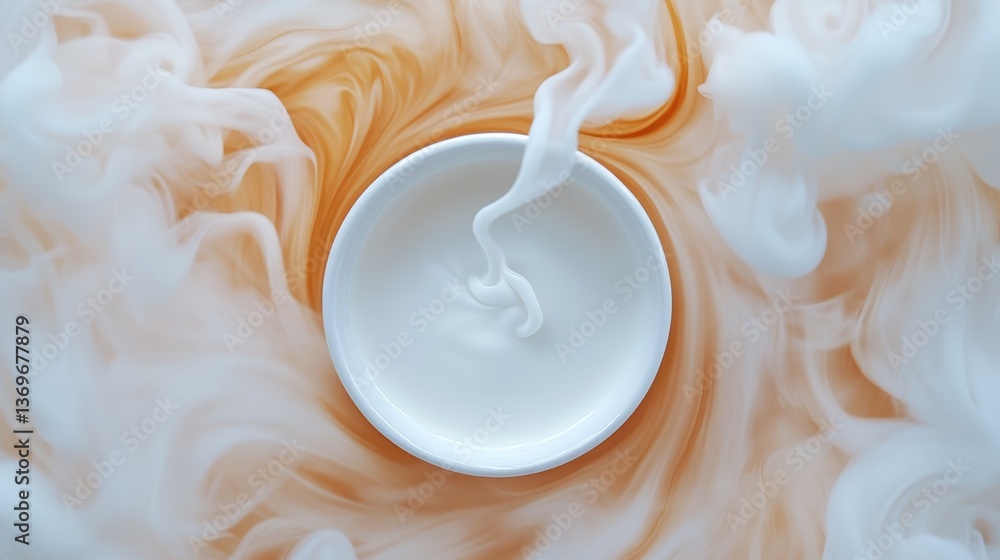 Poster a steaming cup of coffee with milk being poured in slow motion creating a mesmerizing swirl effect