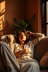 young woman sitting on sofa