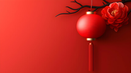 Red Chinese Lantern with Peony Flower on Branch Against Red Background