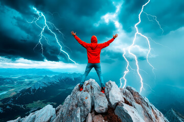 A man standing on top of a mountain with his arms outstretched in the air