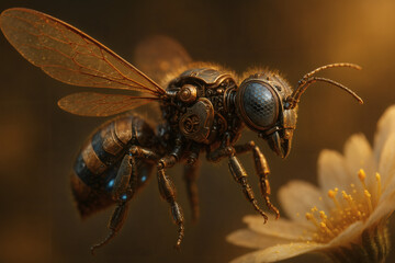 Fototapeta premium Steampunk mechanical bee on flower in golden light