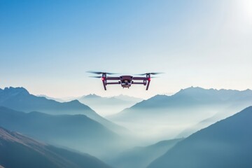 Drone flying over majestic mountain landscape in early morning light