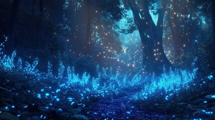 Fototapeta premium Enchanted Forest at Night: A Mystical Path Illuminated by Glowing Flora and Fireflies