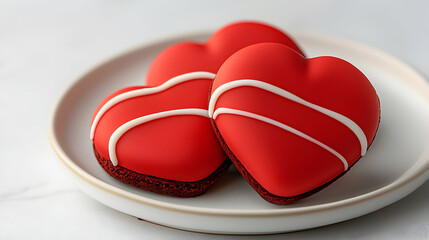 Red Heart Shaped Cookies with White Stripes on a Plate