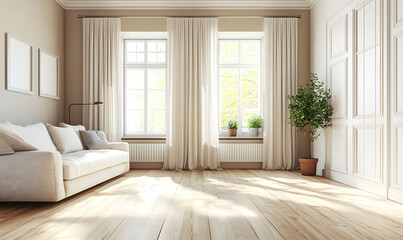 Modern Interior Living Room with Scandinavian Design and Natural Lighting – 3D Render Illustration