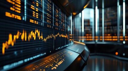 Dynamic financial data analysis on high-tech digital display in modern office
