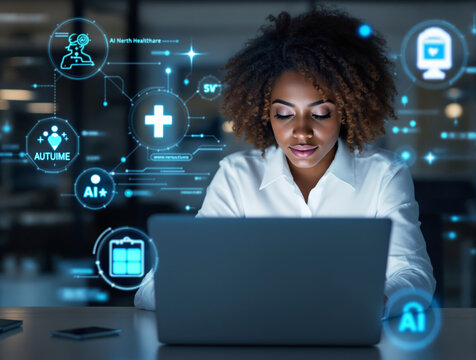 Woman at laptop with glowing healthcare AI interface icons, futuristic digital style, dark blurred office background, concept of innovation and technology. Ai generative