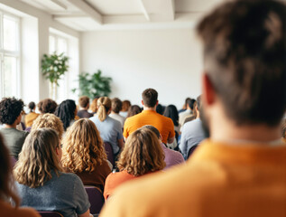 Fototapeta premium Crowd of people attending a seminar in a bright room, natural light, modern interior with green plants, concept of creativity and collaboration, Ai generative