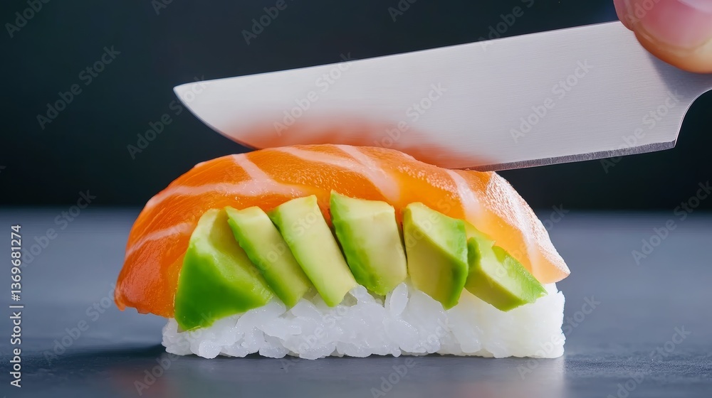 Poster fresh avocado sliced by a sharp knife for sushi rolls with smooth texture