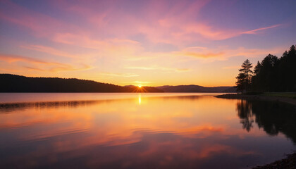 Obraz premium Vibrant sunrise reflecting on calm lake, serene beauty