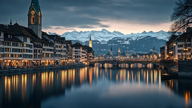 Scenic Zurich cityscape at dusk with reflections on the Limmat river panorama view