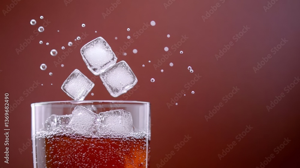 Poster high speed macro photograph of ice cubes dropping into a glass and splashes bubbles