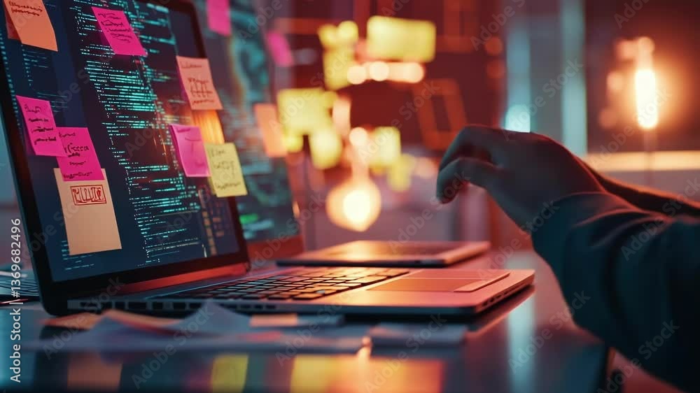 Aufkleber close up of a male software developer typing on a laptop in a dark office, illuminated by neon light