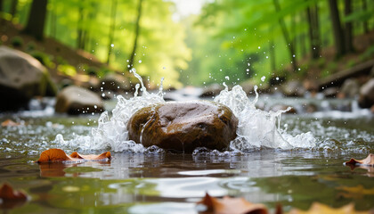 Fototapeta premium Boulder splashing in tranquil forest stream, nature's beauty
