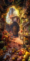 Fototapeta premium Enchanted fruit market alley, glowing with autumn harvest abundance. Magical, fairytale setting.