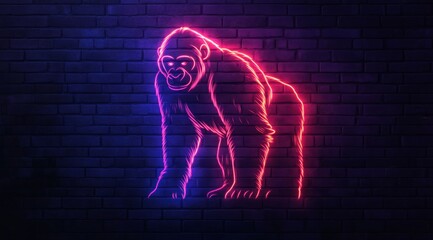A full-length gorilla is drawn with a glowing neon line against a brick wall background. A glowing neon sign forms a contour drawing of a full-length gorilla against a dark grunge-style brick wall.