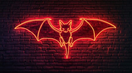 A bat is drawn with a glowing neon line against a brick wall background. A glowing neon sign forms a contour drawing of a bat against a dark grunge style brick wall.	