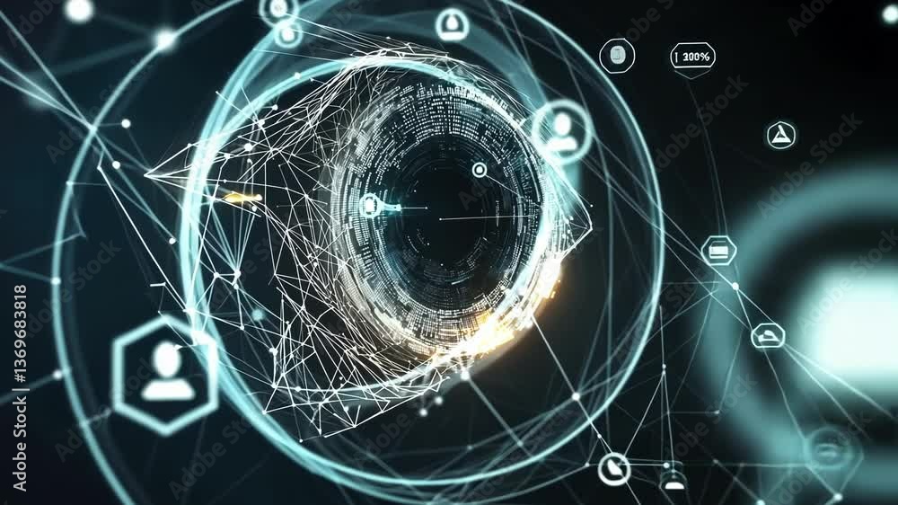 Poster an artistic depiction of a cybernetic eye observing streams of data reflecting a network of encrypte