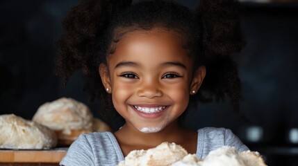 Happy child covered in flour, baking bread