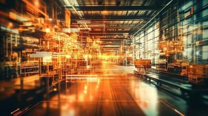 A captivating abstract industrial interior featuring vibrant orange digital overlays.