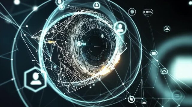 An artistic depiction of a cybernetic eye observing streams of data reflecting a network of encrypted connections illustrating the AIs role in surveillance and the detection of anomalies