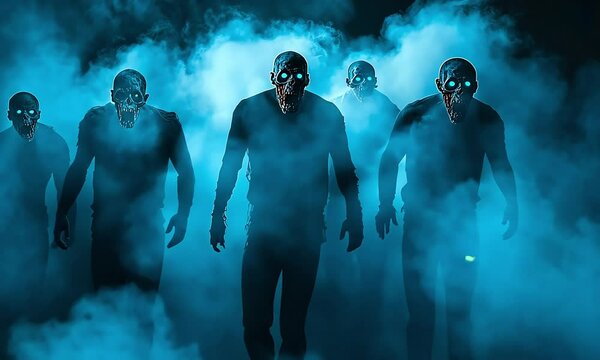 A horde of undead figures emerges from a hazy blue mist