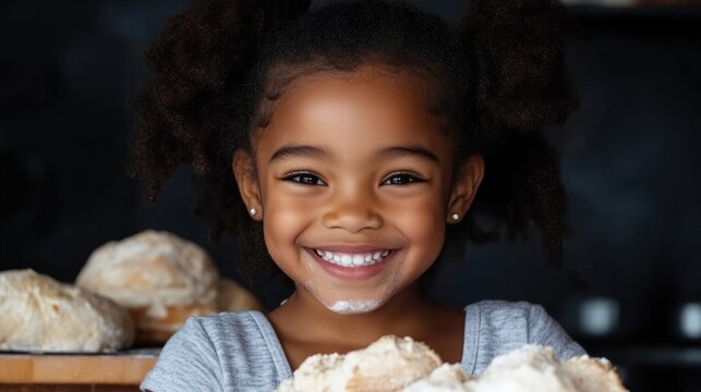 Happy child covered in flour, baking bread - Powered by Adobe