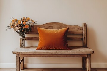 Rustic Wooden Bench with Orange Velvet Pillow and Flowers