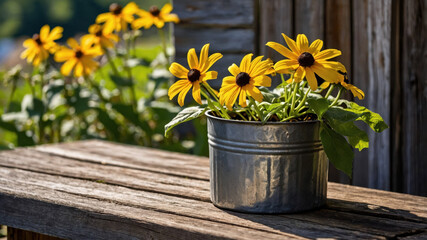 Black Eyed Susan flowers growing in metal pot on rustic wooden table