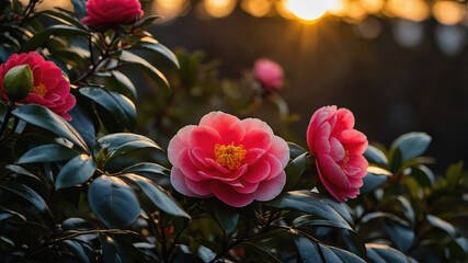 Obraz premium Red Camellia Flowers Blooming on Bush at Sunset