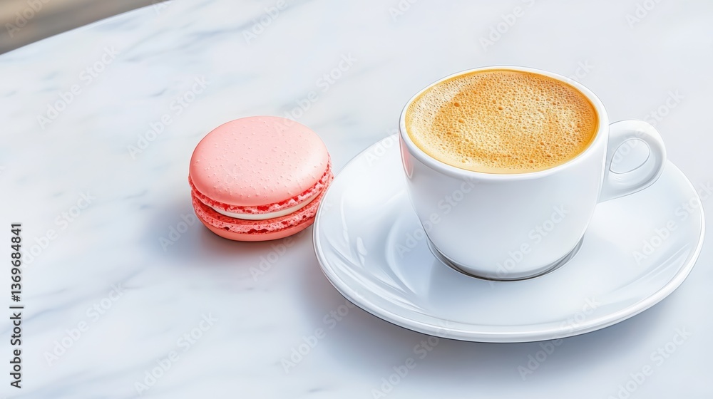Poster romantic and charming table setting with espresso and macaron in a charming atmosphere with clean li