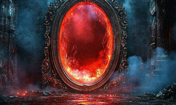 A magnificent ornate mirror, reflecting a fiery portal in a dark, mysterious setting