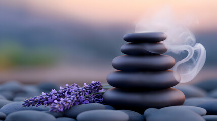 Serene Stack of Dark Grey Stones with Lavender and Steam at Sunrise