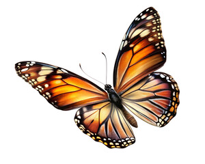 Fototapeta premium A Monarch butterfly in flight, its wings ablaze with vibrant orange and black, a symbol of transformation and hope against a pure white background.
