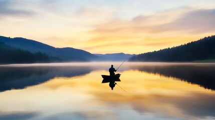 Serene Fisherman Casting Line into Calm Lake at Sunrise with Tranquil Atmosphere