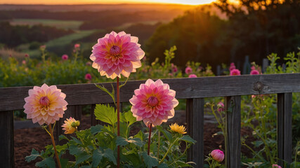 Fototapeta premium Pink dahlia flowers growing in a garden at sunset