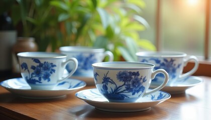 The quiet time of blue and white porcelain tea cups