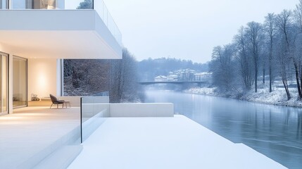Modern home exterior in winter, overlooking a river.  Spacious deck, covered by snow, with glass railings