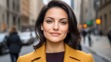 Confident woman in a yellow coat smiling on a busy city street