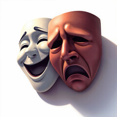A detailed digital illustration of classic theater masks, one smiling with joy and the other frowning in sorrow. The image symbolizes drama, emotions, and the duality of human experience.
