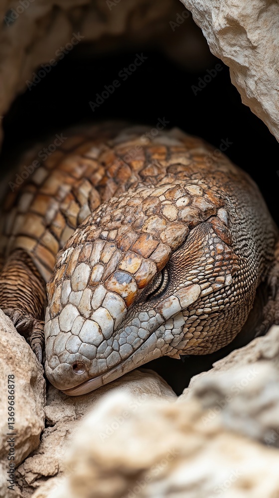 Poster a detailed image of a reptile resting within a crevice